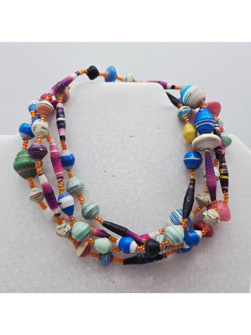 Multicolor Handmade Paper Bead Necklace Orange Accents Eco-Friendly Jewelry